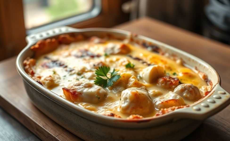Receitas do Guigo - frango cremoso com batatas assadas no forno, gratinado com queijo parmesão e finalizado com salsinha fresca