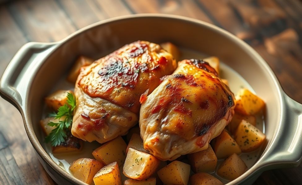 Receitas do Guigo - frango assado dourado com batatas rústicas em molho cremoso, servido em assadeira de cerâmica com salsa fresca