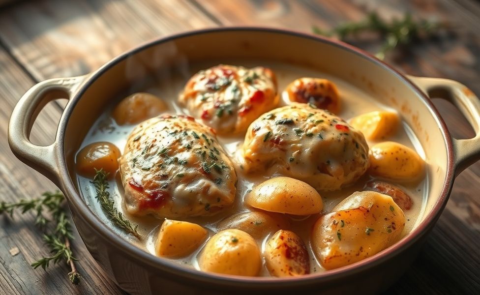 Receitas do Guigo - frango cremoso com batatas rústicas em assadeira, molho dourado e salsinha fresca