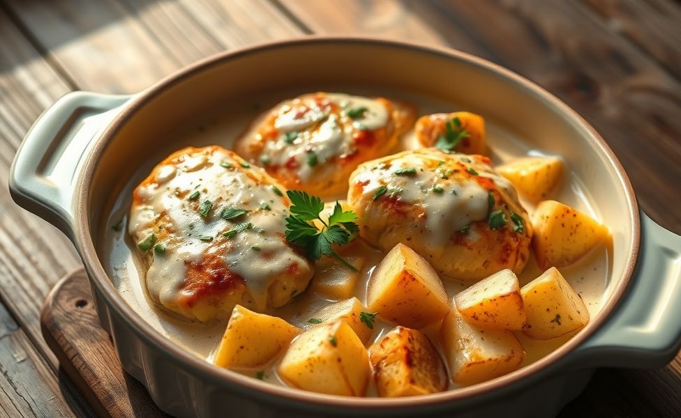 Receitas do Guigo - frango cremoso com batatas rústicas assadas em assadeira cerâmica, molho cremoso dourado com salsa fresca