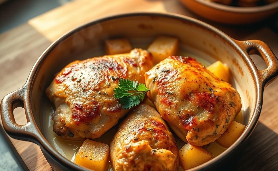Frango cremoso com batatas rústicas das Receitas do Guigo, dourado e suculento em assadeira, acompanhado de molho cremoso e salsinha fresca