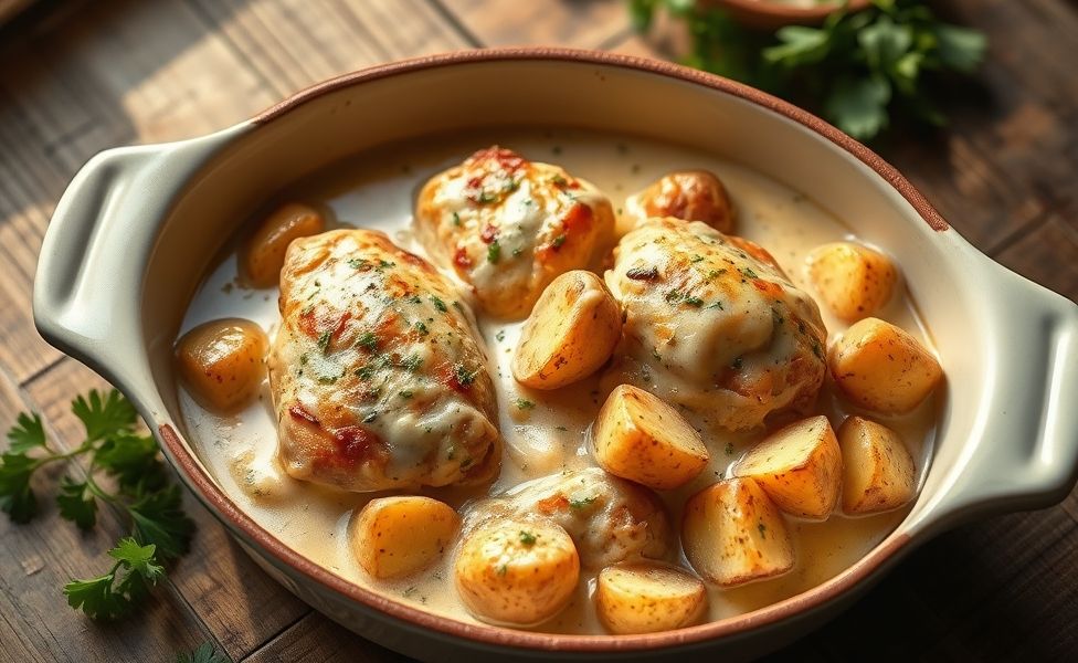 Frango cremoso com batatas rústicas das Receitas do Guigo, servido em assadeira com molho dourado e salsinha fresca