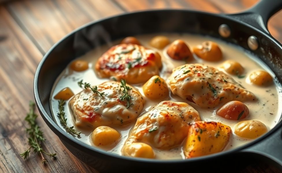 Prato de Receitas do Guigo com frango cremoso e batatas rústicas douradas em molho cremoso, decorado com salsinha fresca