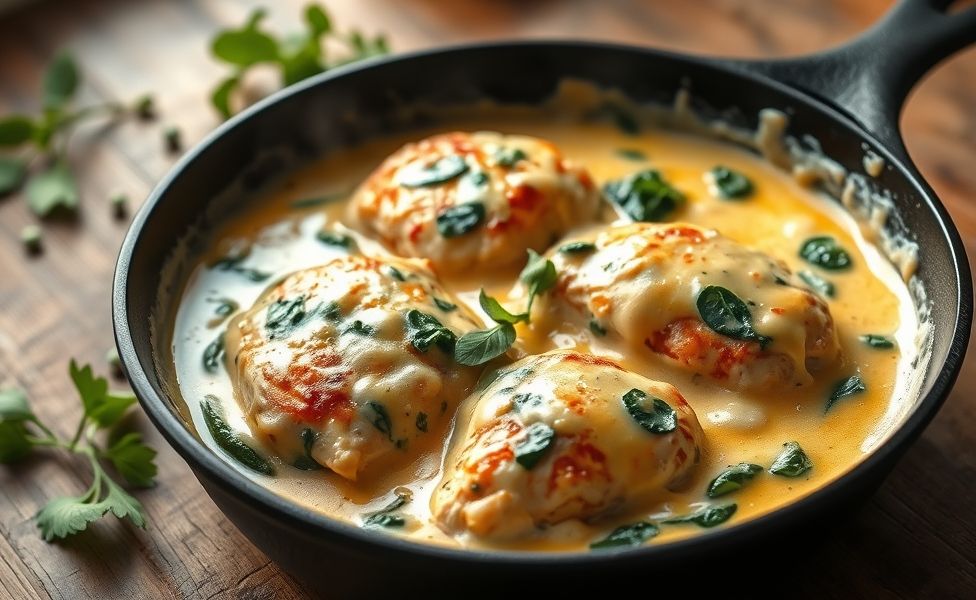 Frango cremoso com queijo derretido e espinafre das Receitas do Guigo, servido em frigideira de ferro com molho aveludado