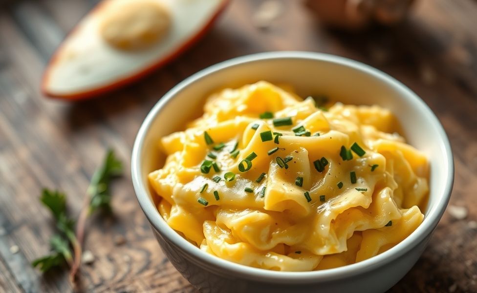 Receitas do Guigo - ovos mexidos cremosos com queijo derretido e ervas frescas em bowl branco sobre mesa de madeira rústica