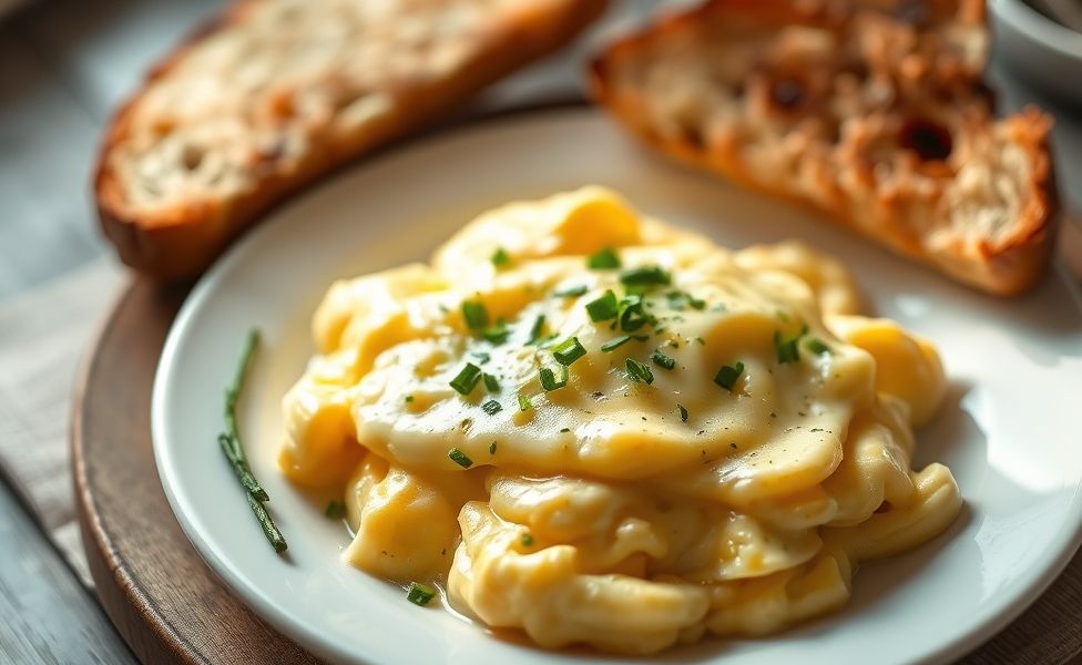 Prato de Receitas do Guigo - ovo mexido cremoso com queijo derretido e ervas frescas, servido com torradas douradas em fundo rústico