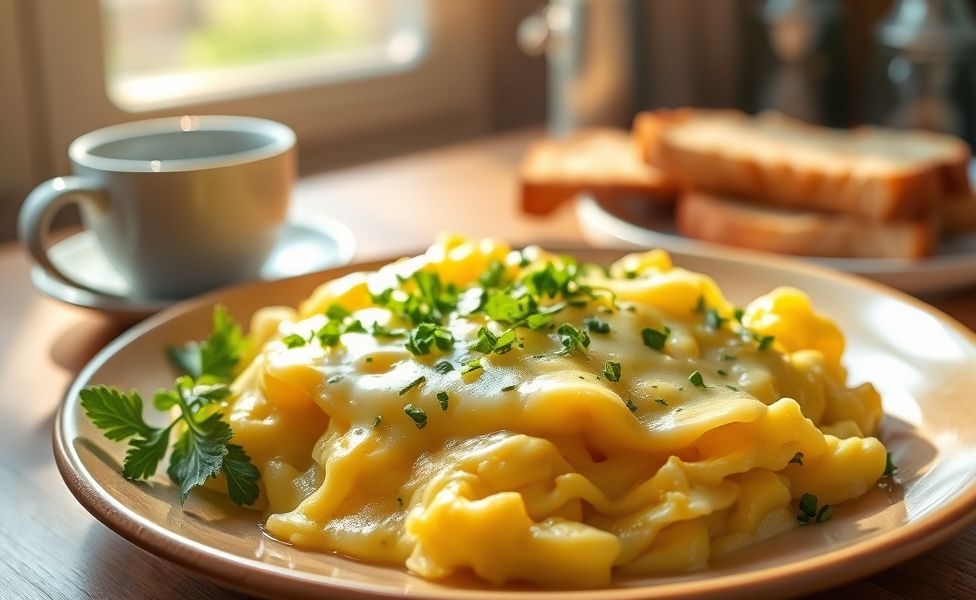 Prato de Receitas do Guigo cremoso com queijo derretido e ervas frescas, servido quente em prato branco sobre mesa de madeira