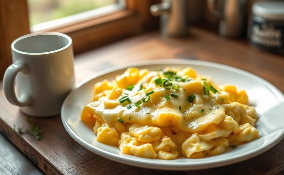 Receitas do Guigo - ovos mexidos cremosos com queijo derretido e ervas frescas, servido em prato branco com decoração de cebolinha