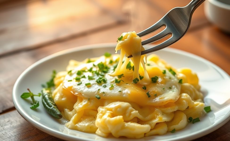Receitas do Guigo - Ovo mexido cremoso com queijo derretido e ervas frescas em prato branco, textura suave e aromática