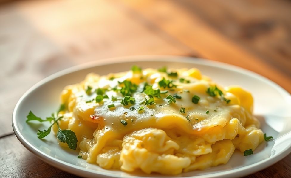 Receitas do Guigo - ovos mexidos cremosos com queijo derretido e ervas frescas em prato branco, textura sedosa e apetitosa
