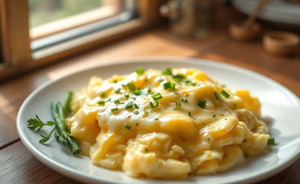 Prato de Receitas do Guigo - ovos mexidos cremosos com queijo derretido e ervas frescas, servido em prato branco com textura sedosa