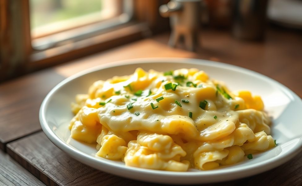 Receitas do Guigo - ovos mexidos cremosos com queijo derretido e ervas frescas em prato branco, textura sedosa e aroma convidativo