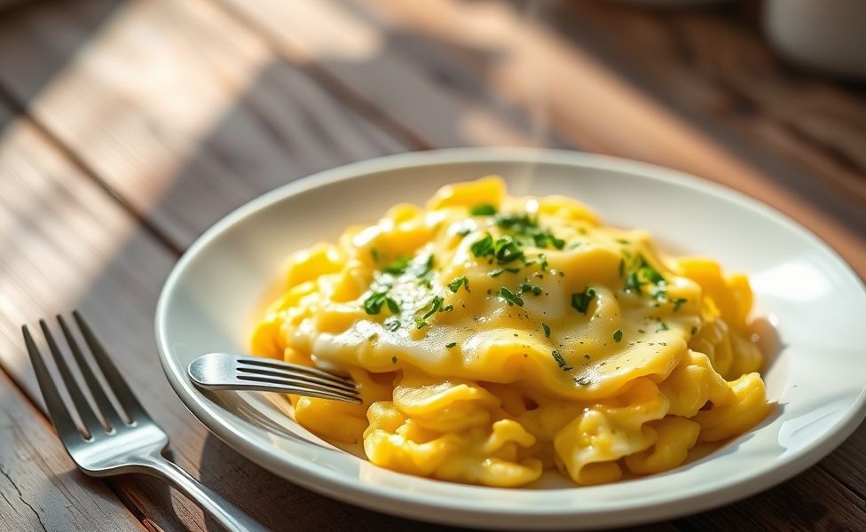 Receitas do Guigo - ovos mexidos cremosos com queijo derretido e ervas frescas servidos em prato branco