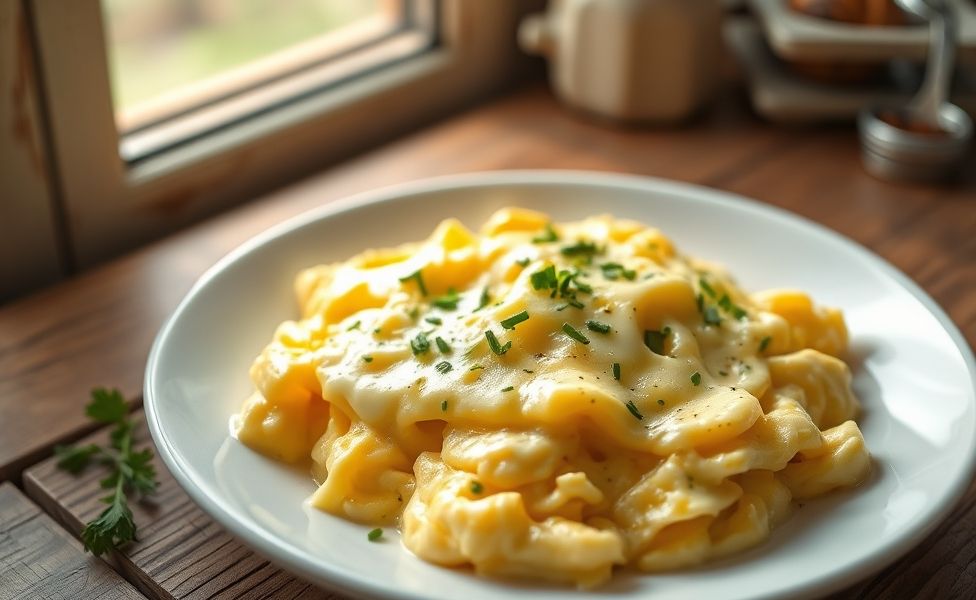 Receitas do Guigo - ovos mexidos cremosos com queijo derretido e ervas frescas em um prato branco, textura suave e apetitosa