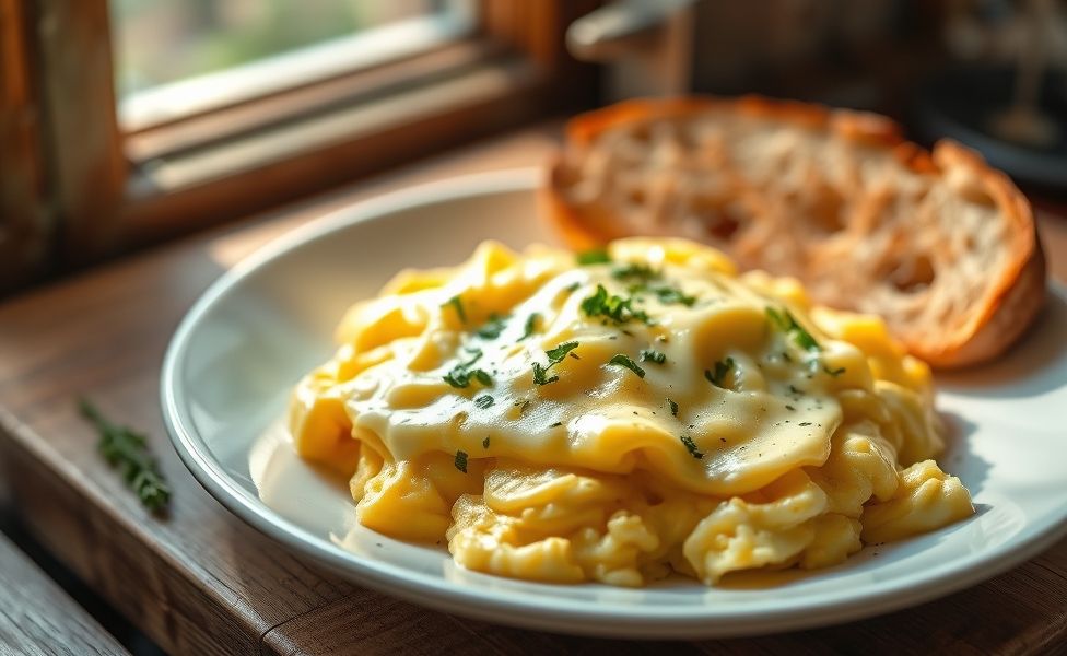 Receitas do Guigo - ovos mexidos cremosos com queijo derretido e ervas frescas servidos em prato branco com torradas