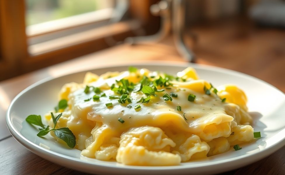Receitas do Guigo - ovos mexidos cremosos com queijo derretido e ervas frescas servidos em prato branco sobre mesa de madeira