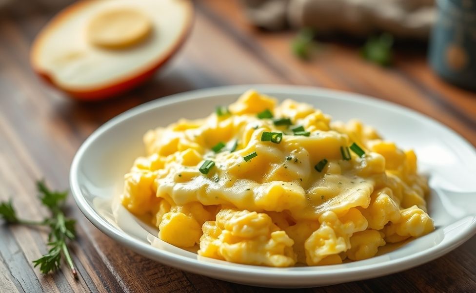 Receitas do Guigo - ovos mexidos cremosos com queijo derretido e ervas frescas em um prato branco, textura suave e apetitosa