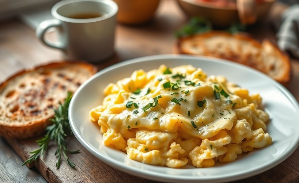 Receitas do Guigo - Ovos mexidos cremosos com queijo e ervas frescas servidos em prato branco com torradas, textura sedosa e aroma convidativo