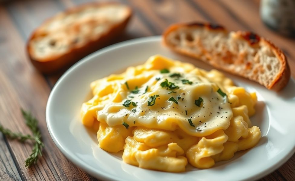 Receitas do Guigo - ovos mexidos cremosos com queijo derretido e ervas frescas servidos em prato branco com torradas douradas ao lado