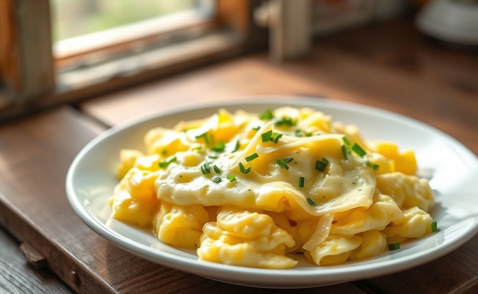 Receitas do Guigo - Ovos mexidos cremosos com queijo derretido e ervas frescas em prato branco