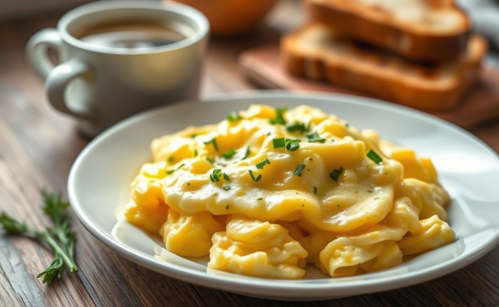 Receitas do Guigo - ovos mexidos cremosos com queijo derretido e ervas frescas servidos em prato branco sobre mesa rústica