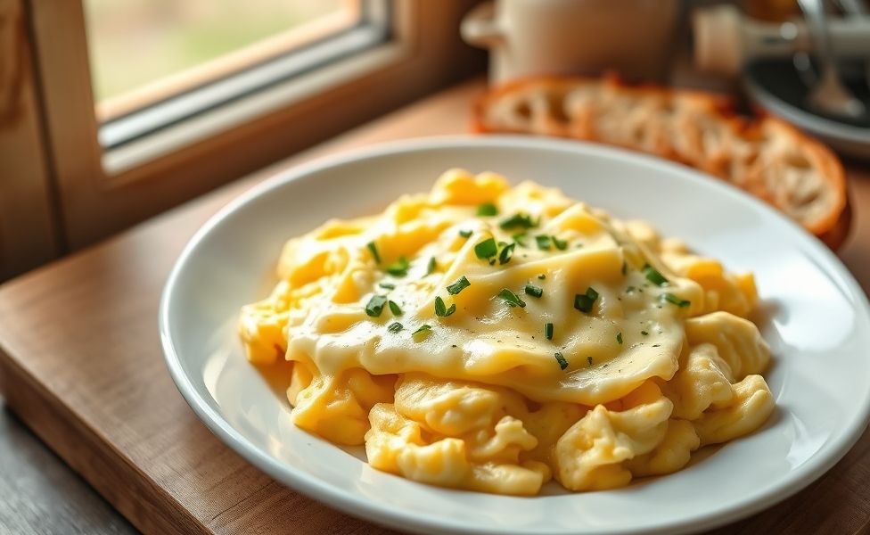 Receitas do Guigo - ovos mexidos cremosos com queijo derretido e ervas frescas, servidos em prato branco com torradas douradas ao lado