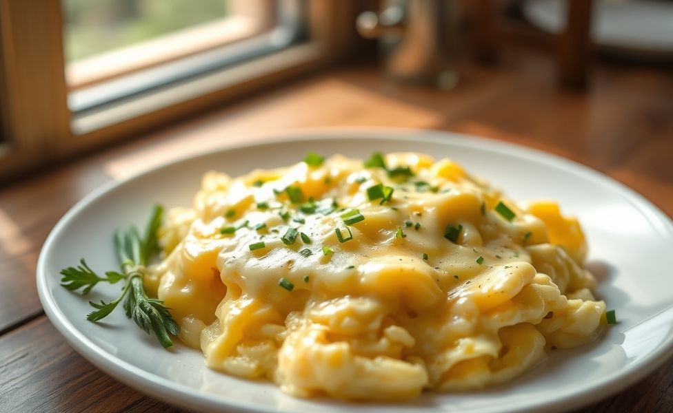 Prato de Receitas do Guigo - ovos mexidos cremosos com queijo derretido e ervas frescas, servido em prato branco com decoração de cebolinha
