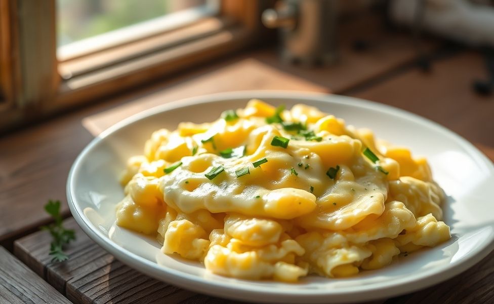 Receitas do Guigo - ovos mexidos cremosos com queijo derretido e ervas frescas, servidos em prato branco com textura sedosa e aroma convidativo