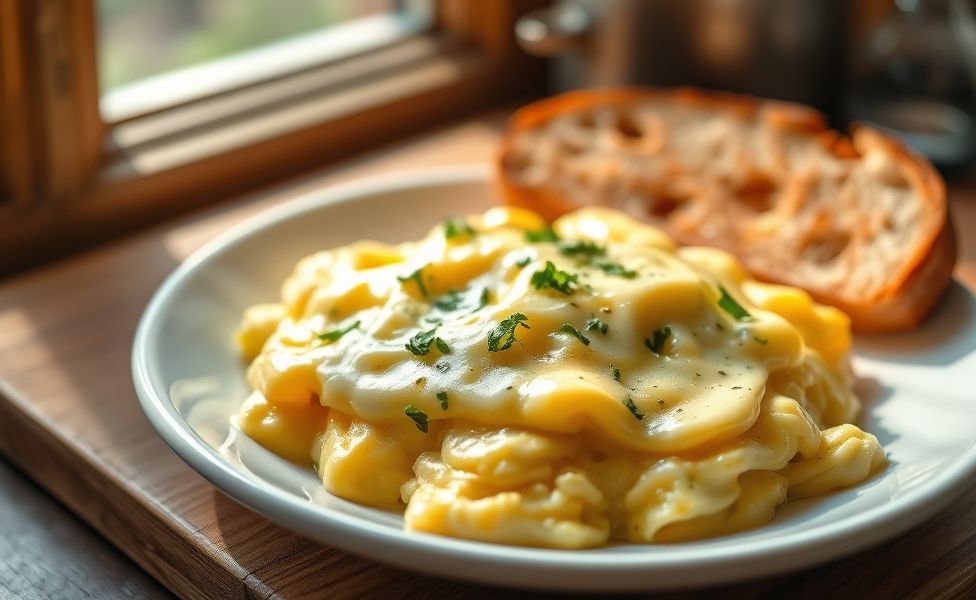 Receitas do Guigo - ovos mexidos cremosos com queijo derretido e ervas frescas servidos em prato branco com torradas, textura suave e apetitosa