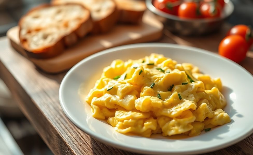 Receitas do Guigo - ovos mexidos cremosos em prato branco com cebolinha fresca, textura aveludada e cor dourada, acompanhados de torradas