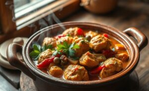 Receitas do Guigo - frango cozido com legumes em panela de barro, mostrando textura suculenta e cores vibrantes dos ingredientes frescos