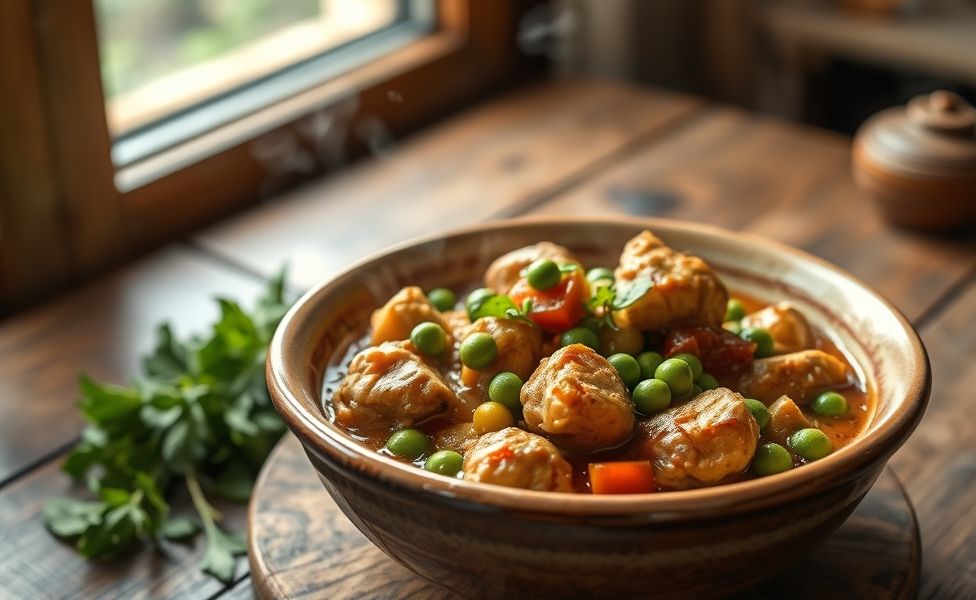Prato finalizado das Receitas do Guigo com frango, ervilhas verdes e legumes em bowl rústico