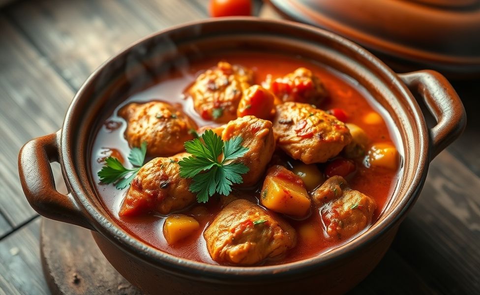 Prato finalizado das Receitas do Guigo com frango dourado em molho de tomate, pimentões coloridos e salsa fresca, servido em panela de barro