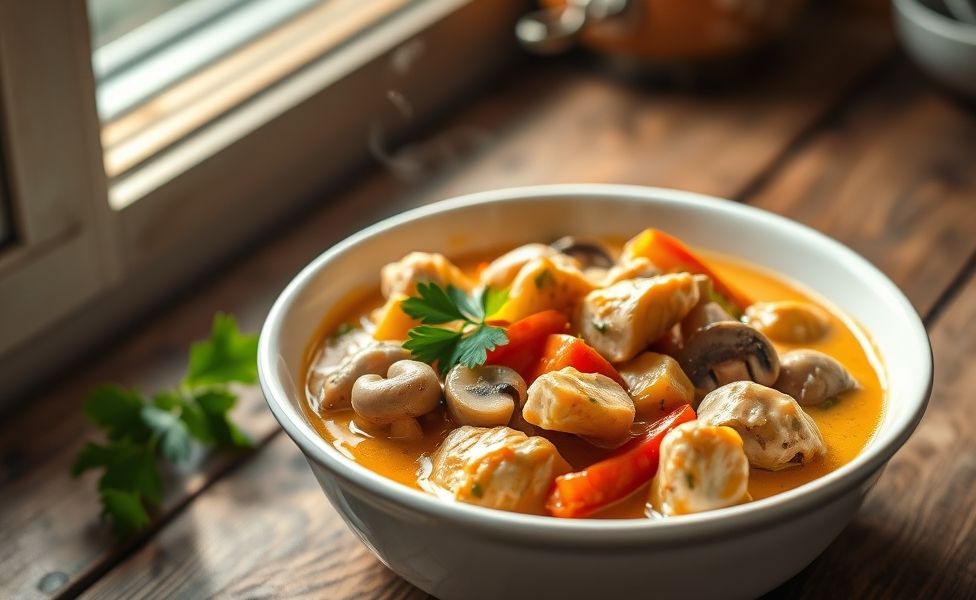 Prato das Receitas do Guigo com frango cremoso, pimentões coloridos e cogumelos em molho dourado, servido em bowl cerâmico