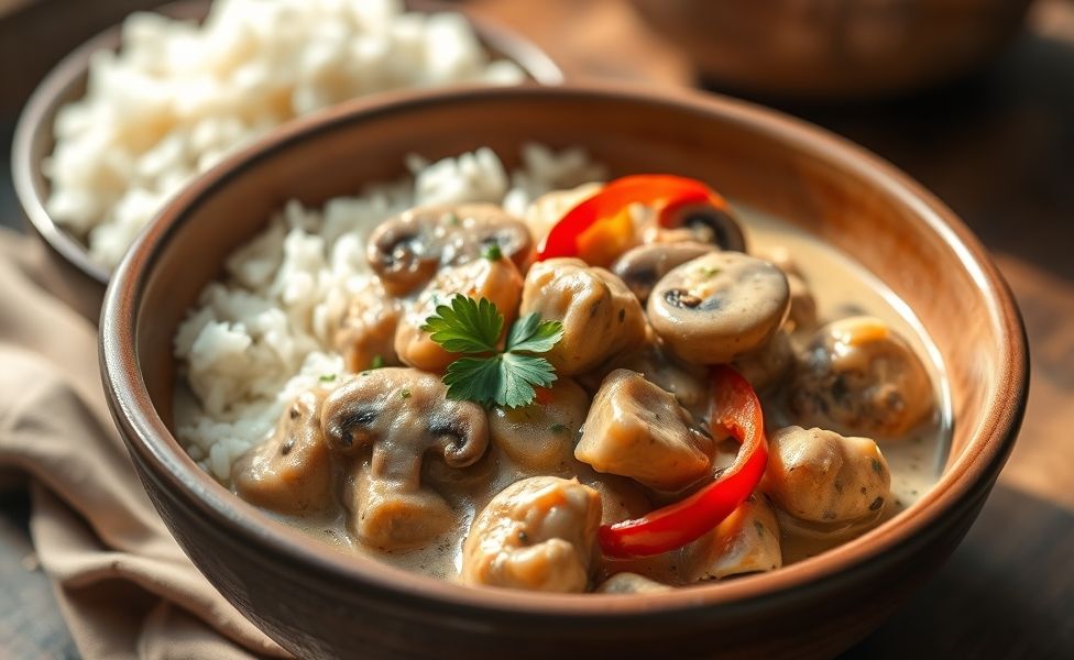 Prato finalizado das Receitas do Guigo com frango cremoso, champignons e pimentões coloridos em molho aveludado, servido em bowl rústico