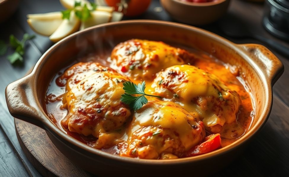 Prato finalizado das Receitas do Guigo com frango gratinado, molho vermelho vibrante e queijo derretido dourado, servido em refratário de cerâmica