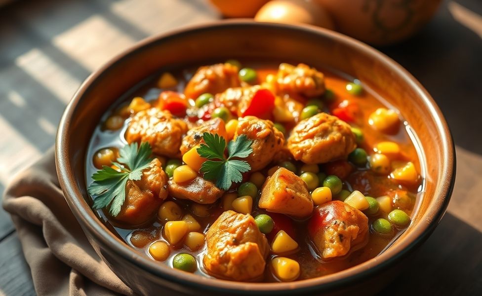 Receitas do Guigo - prato de frango com legumes coloridos em molho dourado, servido em bowl rústico com salsa fresca