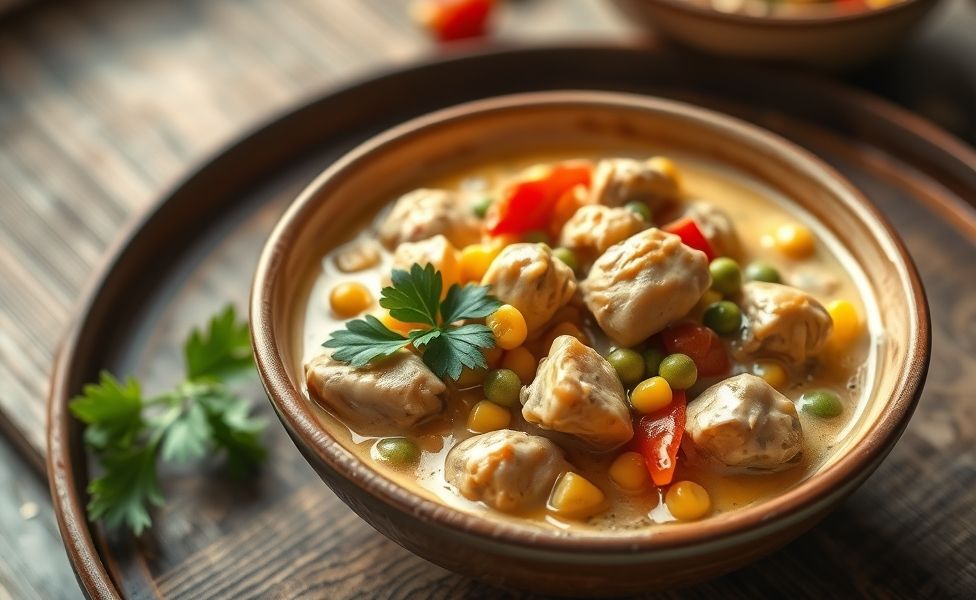 Prato de Receitas do Guigo com frango cremoso, legumes coloridos e molho cremoso servido em bowl de cerâmica rústica