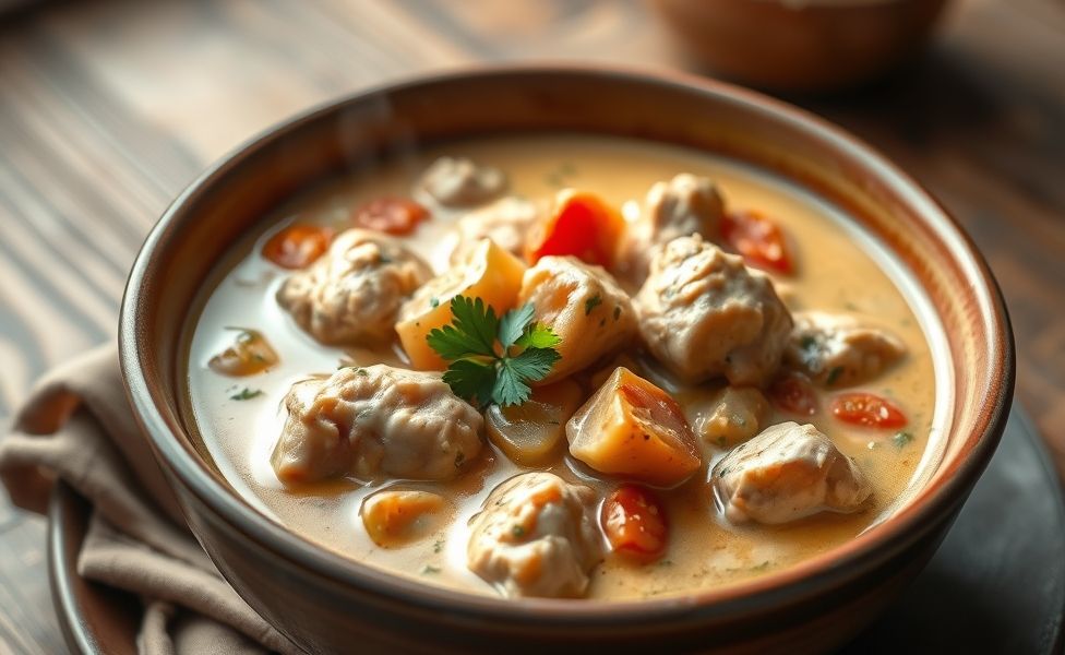 Prato de Receitas do Guigo com frango cremoso em molho branco, pedaços de pimentão vermelho e tomate, finalizado com salsa fresca