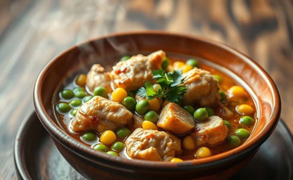 Prato de Receitas do Guigo com frango, legumes coloridos e ervas frescas servido em bowl de cerâmica rústica