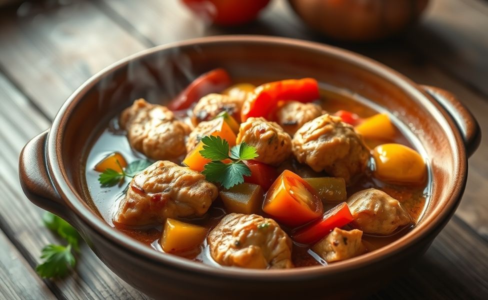 Prato de Receitas do Guigo com frango suculento, pimentões coloridos e molho de tomate caseiro, servido em bowl rústico