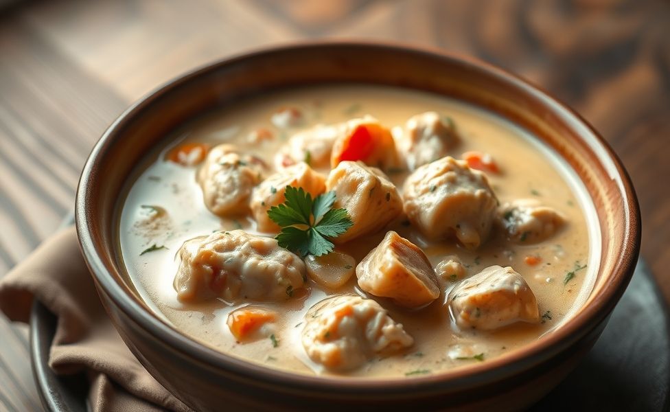 Prato cremoso das Receitas do Guigo com frango suculento em molho branco, pimentões coloridos e salsa fresca, servido em bowl rústico