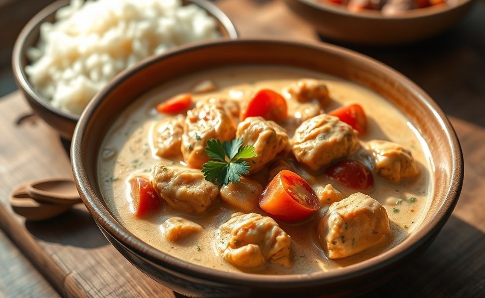 Receitas do Guigo - frango cremoso com legumes servido em bowl cerâmico, molho cremoso dourado com pedaços de pimentão vermelho e salsa fresca