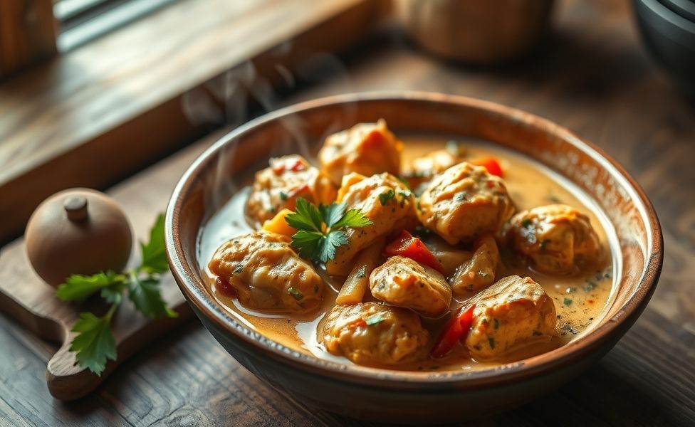Prato das Receitas do Guigo com frango dourado em molho cremoso, pimentões vermelhos e ervas frescas, servido em bowl de cerâmica rústica