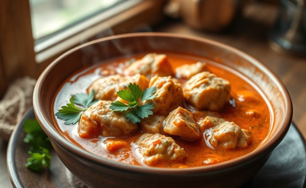 Receitas do Guigo - frango cremoso com legumes em molho vermelho, servido em tigela de cerâmica com salsa fresca