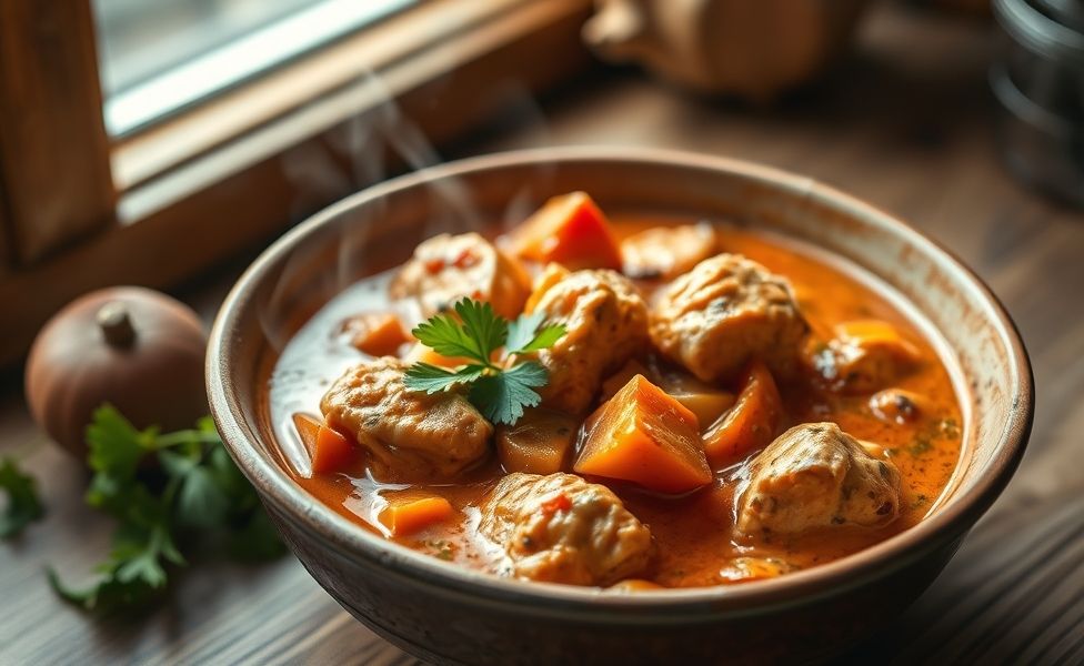 Prato das Receitas do Guigo - frango cremoso com legumes em molho aromático, servido quente em bowl rústico com salsa fresca