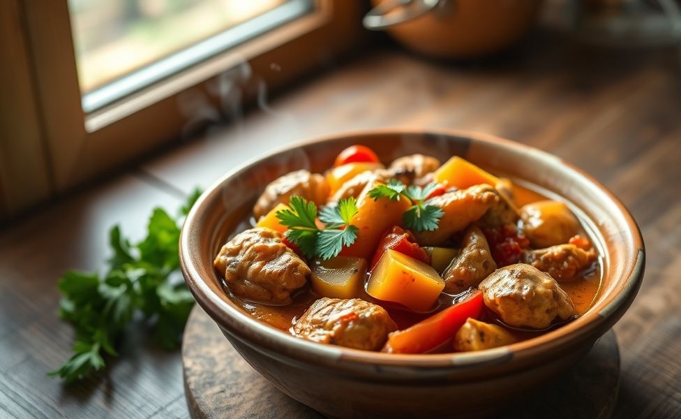 Prato das Receitas do Guigo: frango ensopado com pimentões coloridos e tomates em bowl de cerâmica rústica