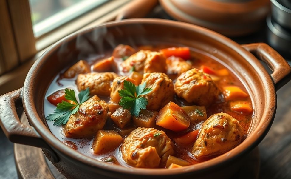 Prato finalizado das Receitas do Guigo com frango dourado, pimentões coloridos e molho de tomate em panela de barro