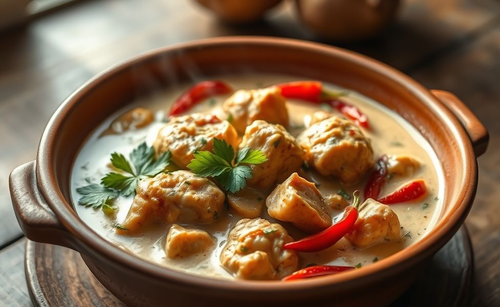 Prato das Receitas do Guigo - frango ao molho cremoso com leite de coco, pimentões coloridos e ervas frescas em bowl de barro
