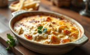 Prato das Receitas do Guigo - frango cremoso gratinado com queijo dourado em refratário de cerâmica, decorado com salsa fresca